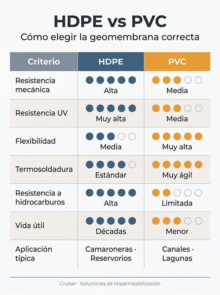 Cuadro comparativo de geomembrana HDPE y PVC según resistencia, flexibilidad y aplicación