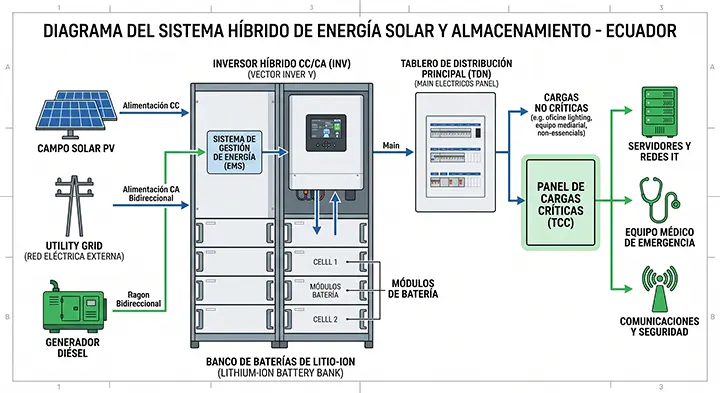 Diagrama de un sistema solar con baterías, inversor híbrido y generador de respaldo para cargas críticas