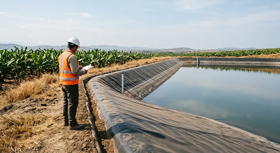 Reservorio agrícola impermeabilizado con geomembrana en la región costa de Ecuador