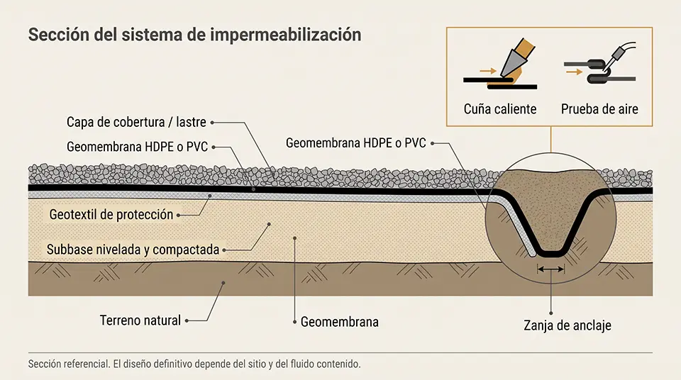 Esquema de sección de un sistema de impermeabilización con geomembrana, geotextil de protección y anclaje perimetral