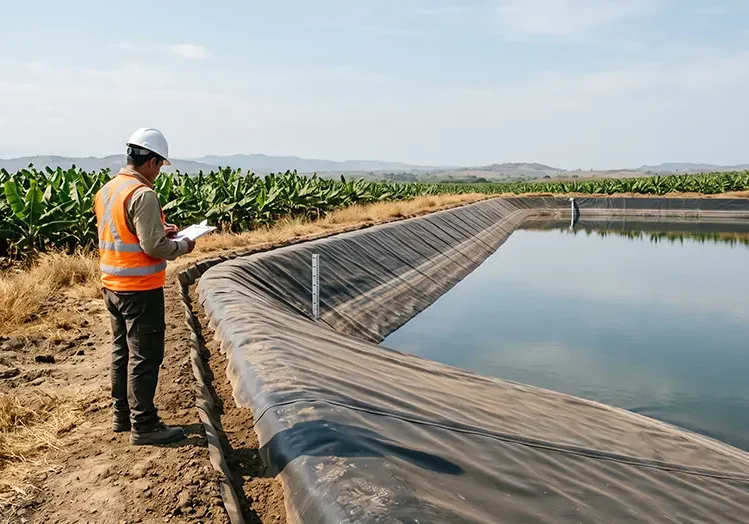 Reservorio agrícola impermeabilizado con geomembrana en la región costa de Ecuador
